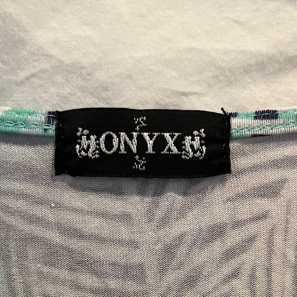 ONYX PRINT  Blue/Green Palm Leaves Sleeveless Crossover Rooshed Top Size M - Picture 4 of 5